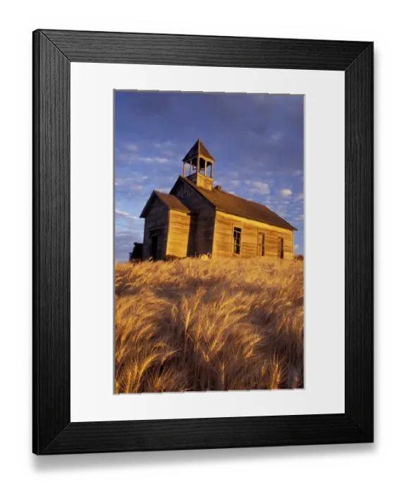Framed Print : N. A. USA, Washington, Kamiak Butte Old School house and wheat fields