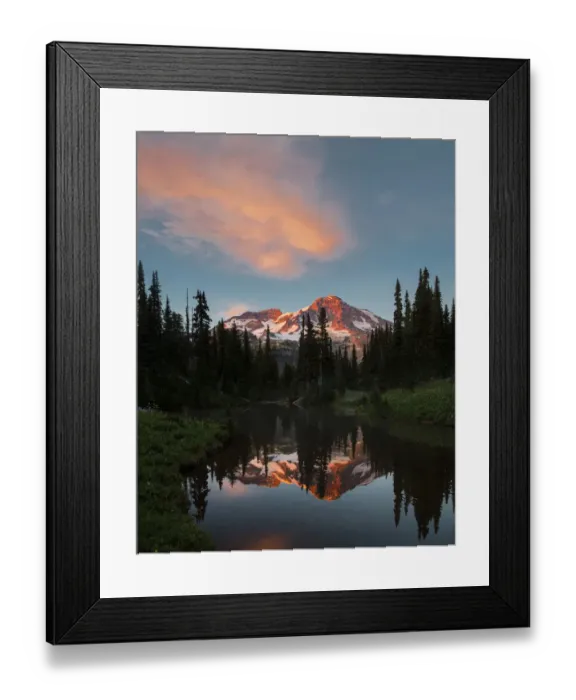Framed Print : USA, Washington State. Mt. Rainier reflected in Mirror pond at sunset, at Indian Framed Print : USA, Washington State. Mt. Rainier reflected in Mirror pond at sunset, at Indian