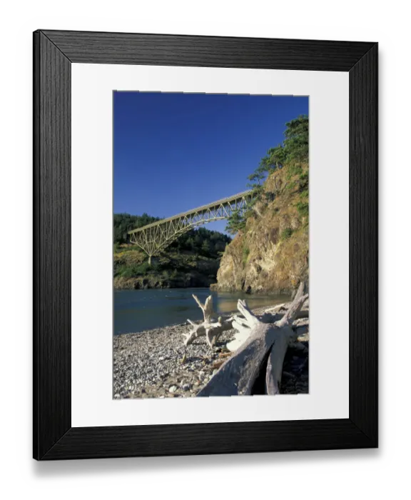 Framed Print : NA, USA, Washington, Whidbey Island Driftwood on beach below Deception Pass Bridge