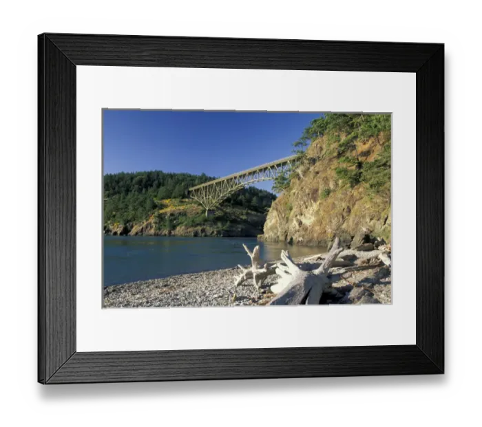 Framed Print : NA, USA, Washington, Whidbey Island Driftwood on beach below the Deception Pass Bridge
