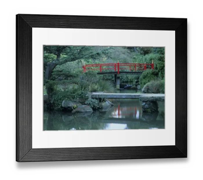Framed Print : Red Japanese bridge and pond at Kubota Gardens, Renton, Washington