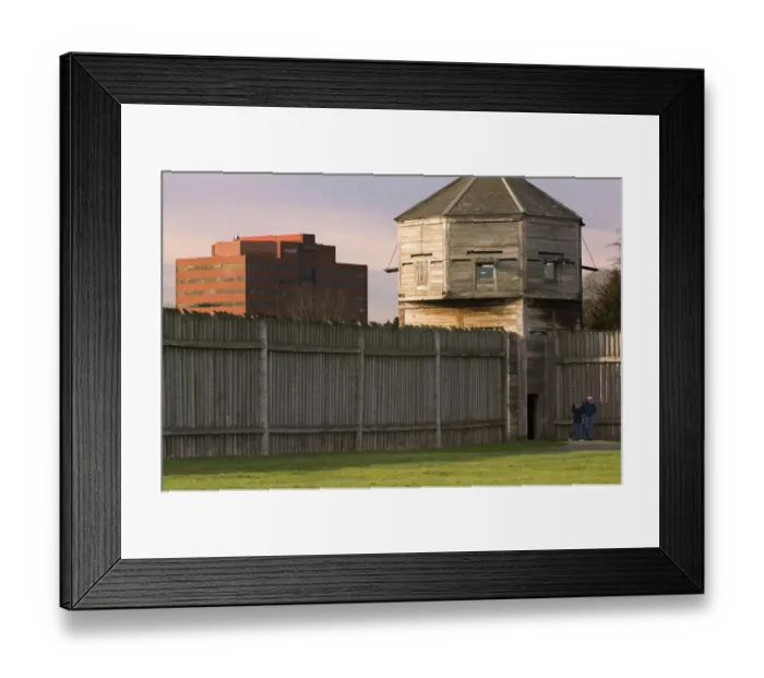 Framed Print : Historic Fort Vancouver held guard over the old trapper settelment. The modern new Framed Print : Historic Fort Vancouver held guard over the old trapper settelment. The modern new