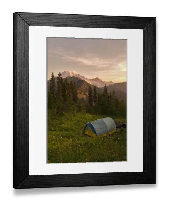 Framed Print : Blue backpacking tent in the Tatoosh Wilderness with a view of snow covered Mt. Rainier