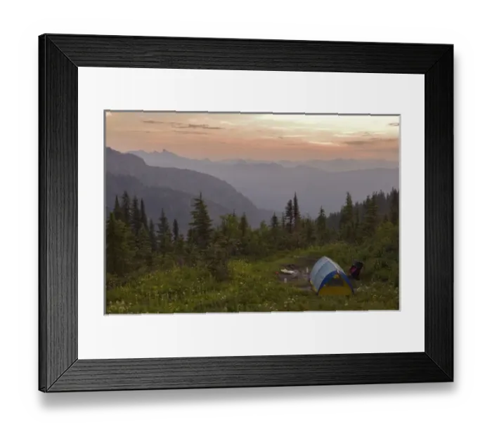 Framed Print : Blue tent and a vew of the North Cascade Mountains from the Tatoosh Wilderness adjacent to Mt