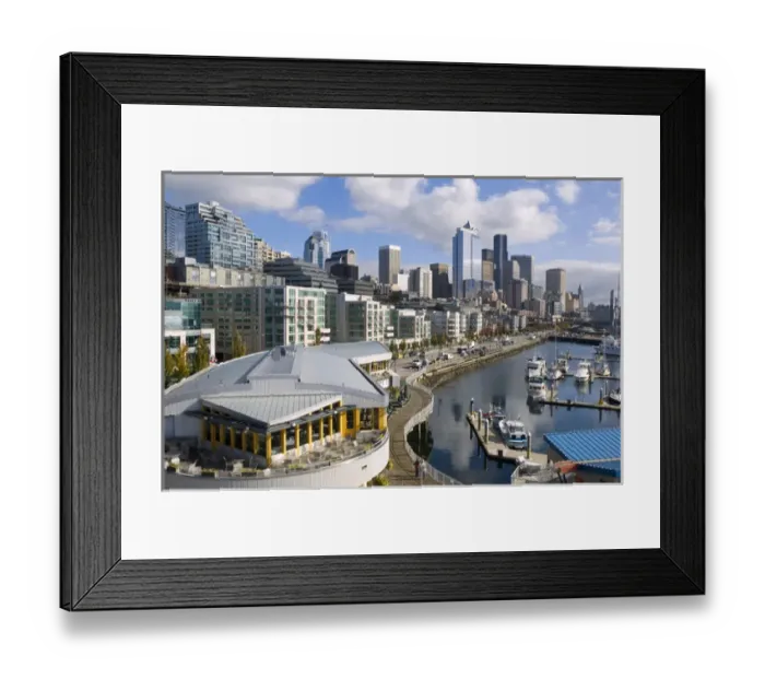 Framed Print : Puffy clouds over Seattle, Washington skyline seen from Elliot Bay with boats in the foreground, U Framed Print : Puffy clouds over Seattle, Washington skyline seen from Elliot Bay with boats in the foreground, U