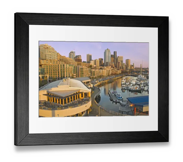 Framed Print : Sunset light on Seattle, Washington skyline seen from Elliot Bay with boats in the foreground, U Framed Print : Sunset light on Seattle, Washington skyline seen from Elliot Bay with boats in the foreground, U