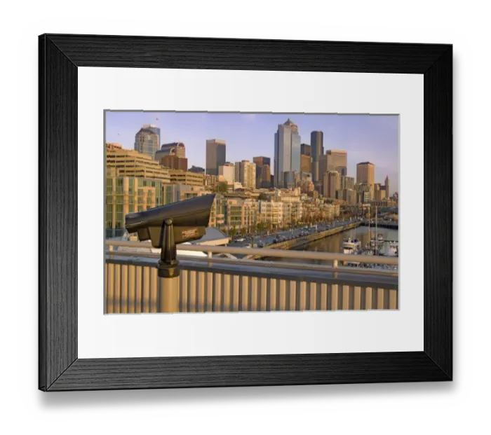 Framed Print : Sunset light on observation telescope and Seattle, Washington skyline from Elliot