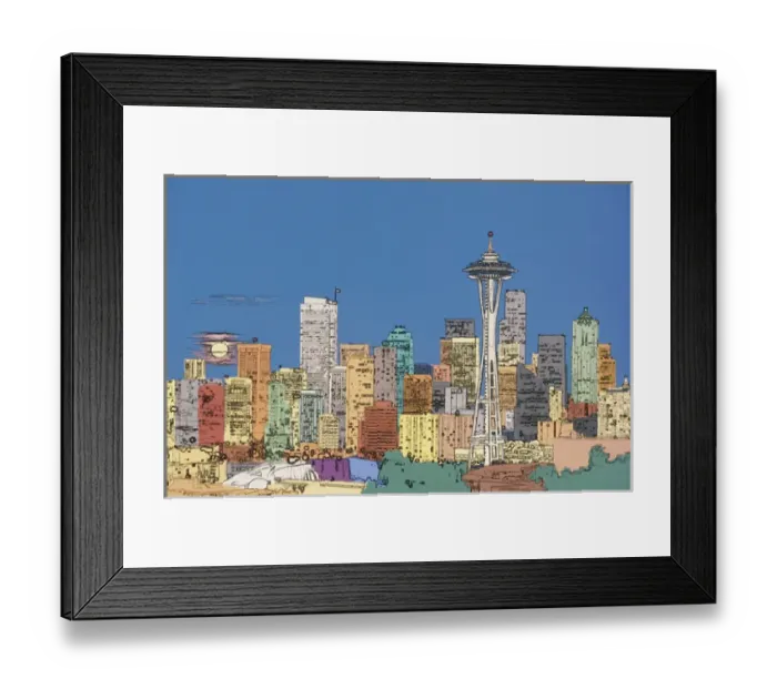 Framed Print : USA, Washington, Seattle Digital enhancement of Seattle skyline with full moon rising