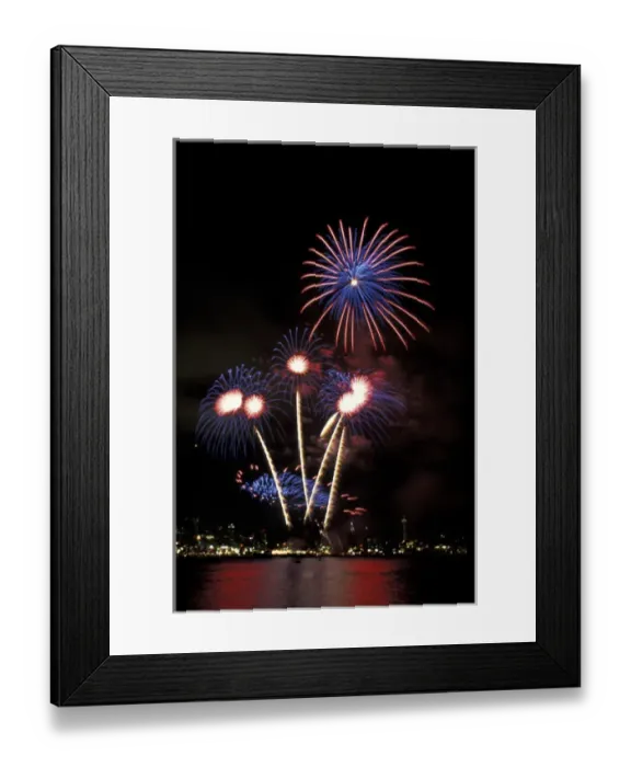 Framed Print : USA, Washington State, Seattle. Fourth of July Fireworks over Lake Union with Space Framed Print : USA, Washington State, Seattle. Fourth of July Fireworks over Lake Union with Space