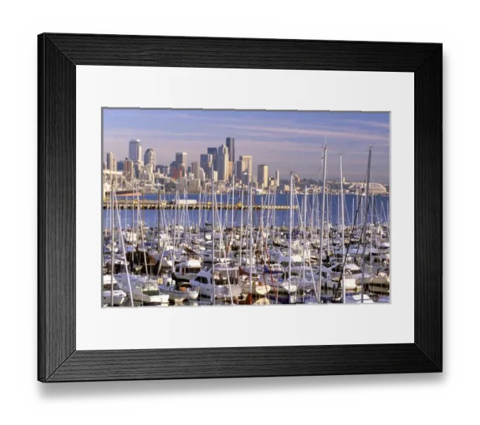 Framed Print : North America, USA, Washington State, Seattle. Elliott Bay Marina and downtown Seattle