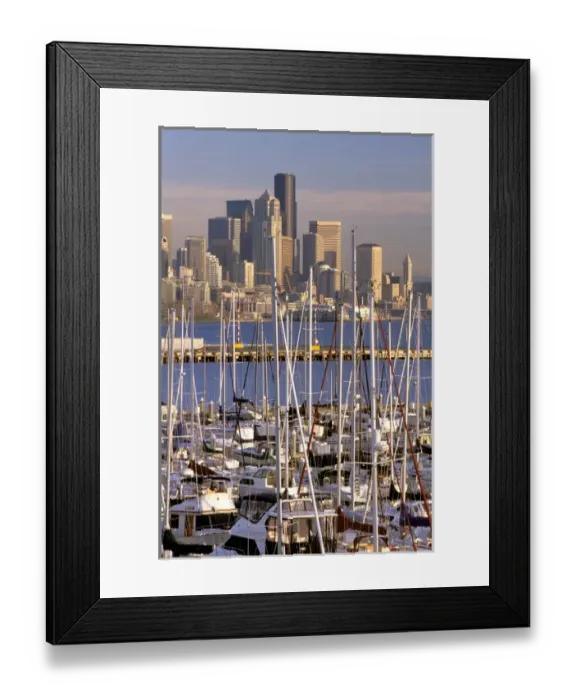 Framed Print : North America, USA, Washington State, Seattle. Elliott Bay Marina and downtown Seattle