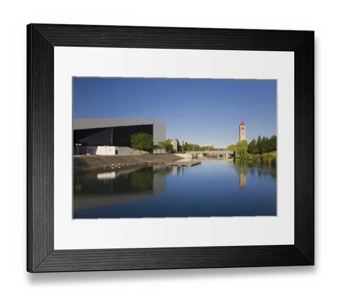 Framed Print : WA, Spokane, Riverfront Park, Convention Center and Clock Tower reflected in Framed Print : WA, Spokane, Riverfront Park, Convention Center and Clock Tower reflected in