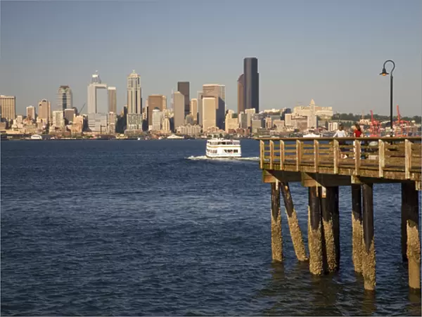 WA, Seattle, Seattle skyline and Elliott Bay with Elliott Bay Water Taxi, view