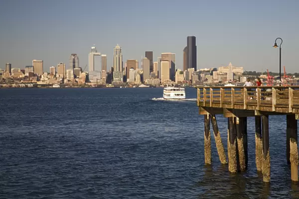 WA, Seattle, Seattle skyline and Elliott Bay with Elliott Bay Water Taxi, view