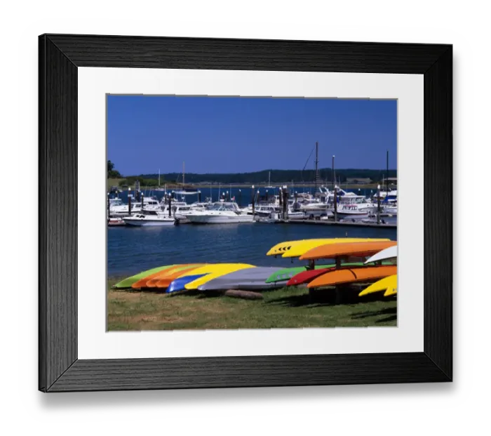 Framed Print : WA, Lopez Island, Fishermans Bay with kayaks and boats Framed Print : WA, Lopez Island, Fishermans Bay with kayaks and boats