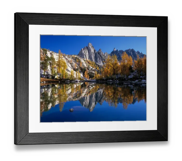 Framed Print : WA, Alpine Lakes Wilderness, Enchantment Lakes, Prusik Peak and Temple Ridge, reflected