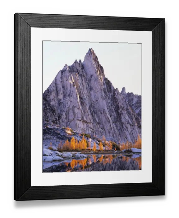 Framed Print : WA, Alpine Lakes Wilderness, Enchantment Lakes, Prusik Peak and Gnome Tarn with larch