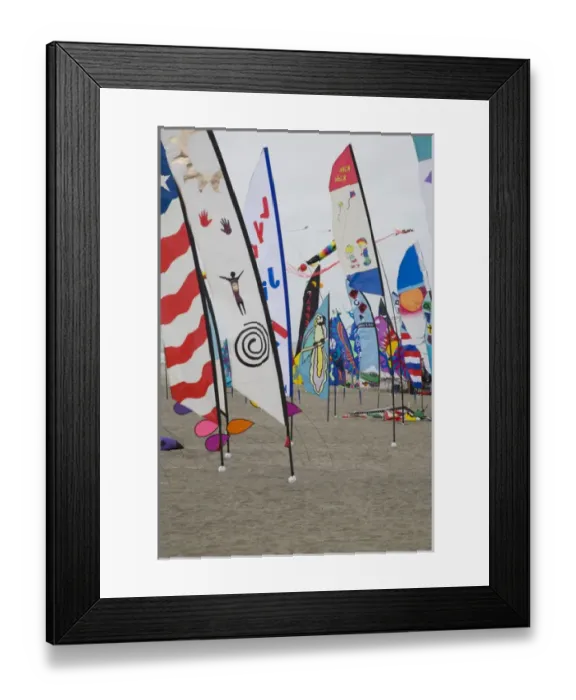 Framed Print : WA, Long Beach, International Kite Festival, colorful banners