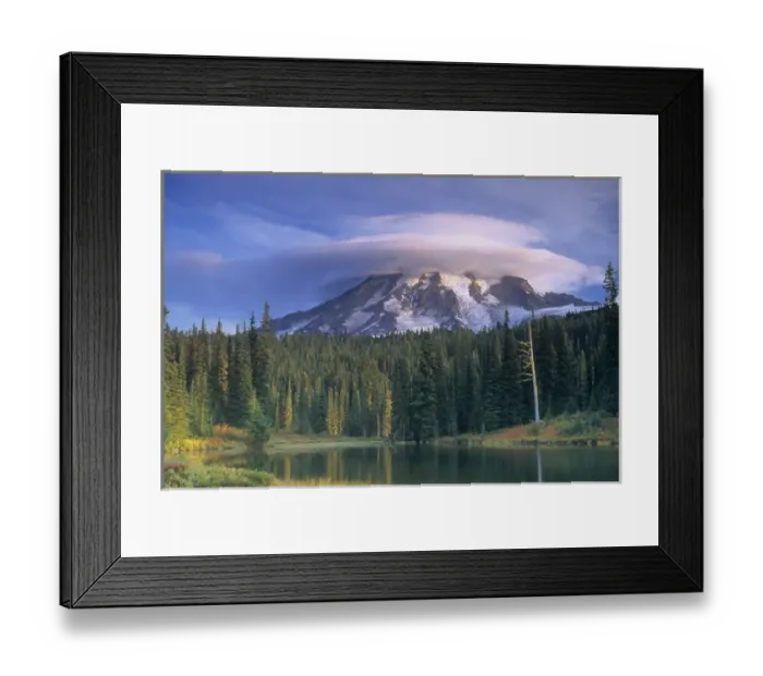 Framed Print : WA, Mt. Rainier NP, Mt. Rainier with lenticular cloud, at Reflection Lake