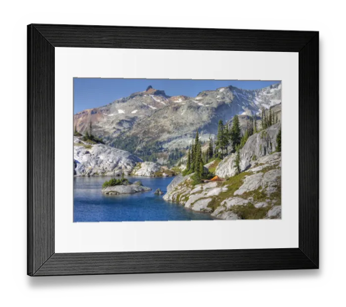 Framed Print : WA, Alpine Lakes Wilderness, Lower Robin Lake, with orange tent Framed Print : WA, Alpine Lakes Wilderness, Lower Robin Lake, with orange tent