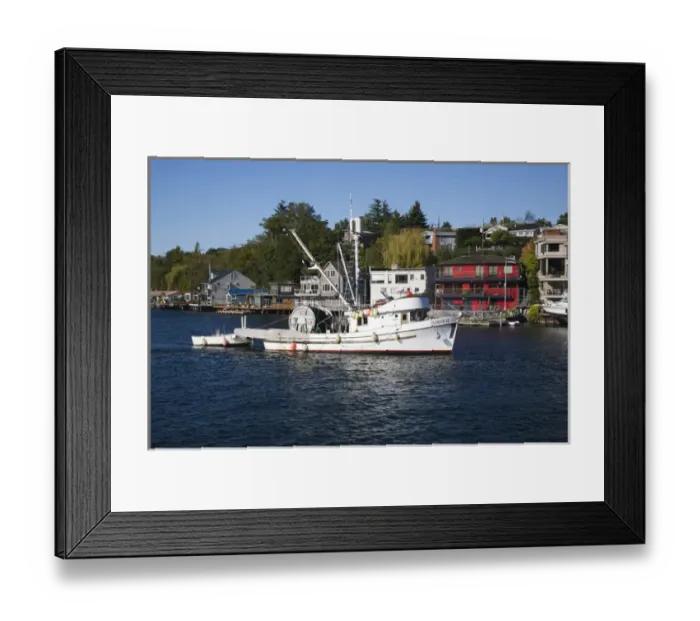 Framed Print : WA, Seattle, Salmon Bay; Waterfront homes and fishing boat Framed Print : WA, Seattle, Salmon Bay; Waterfront homes and fishing boat