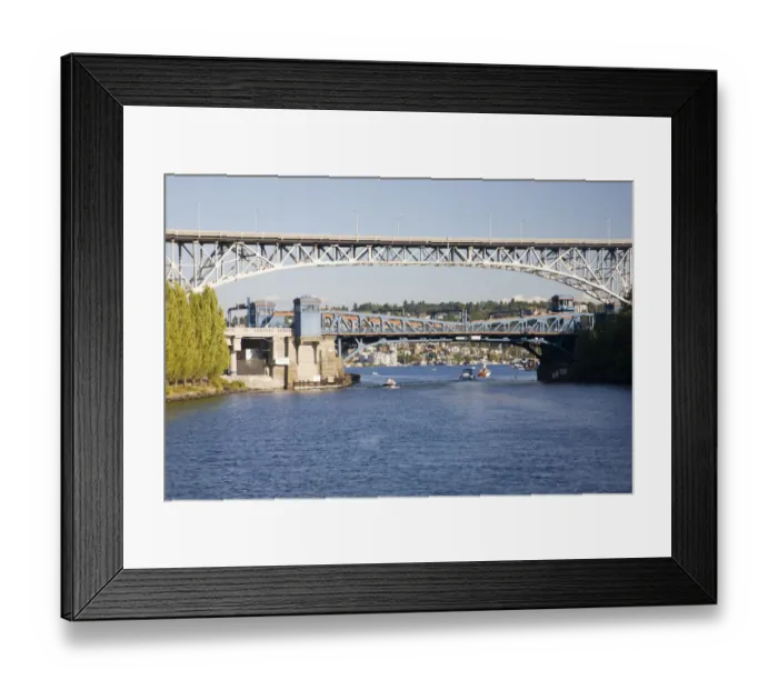 Framed Print : WA, Seattle, Lake Union with Interstate 5 and Lake Washington Ship Canal Bridge