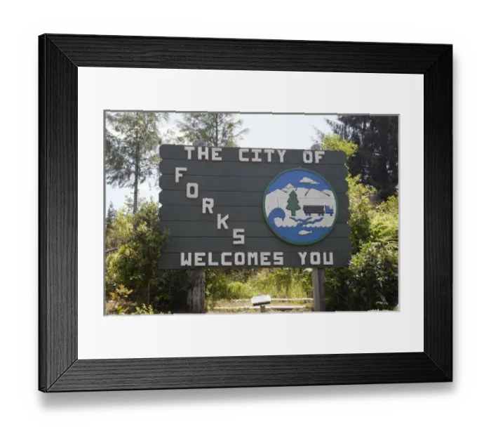 Framed Print : WA, Forks, City welcome sign