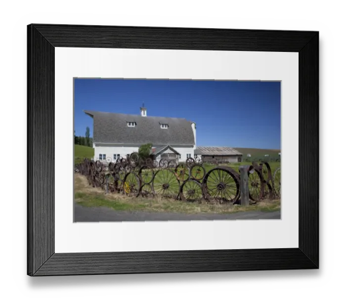 Framed Print : WA, Whitman County, Uniontown, The Palouse, Wheel fence and barn (Dahman barn)