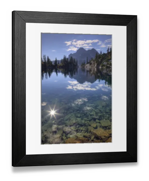 Framed Print : WA, Alpine Lakes Wilderness, Gem Lake and sunburst