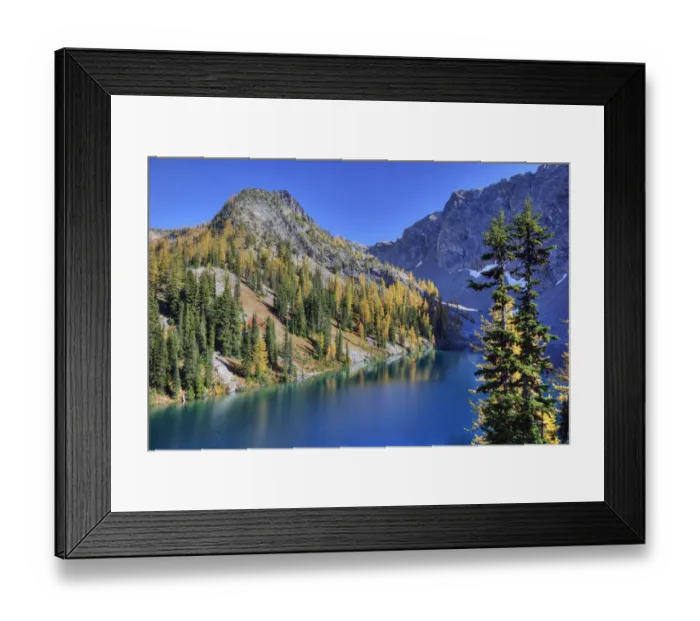 Framed Print : WA, Wenatchee NF; Blue Lake with golden larch trees Framed Print : WA, Wenatchee NF; Blue Lake with golden larch trees