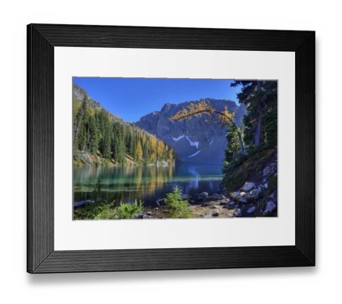 Framed Print : WA, Wenatchee NF; Blue Lake with golden larch trees Framed Print : WA, Wenatchee NF; Blue Lake with golden larch trees
