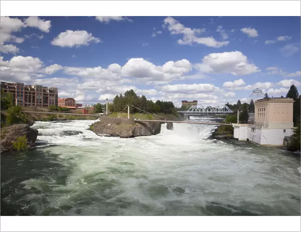 WA, Spokane, Riverfront Park, Spokane Falls, with bridge between Riverfront Park