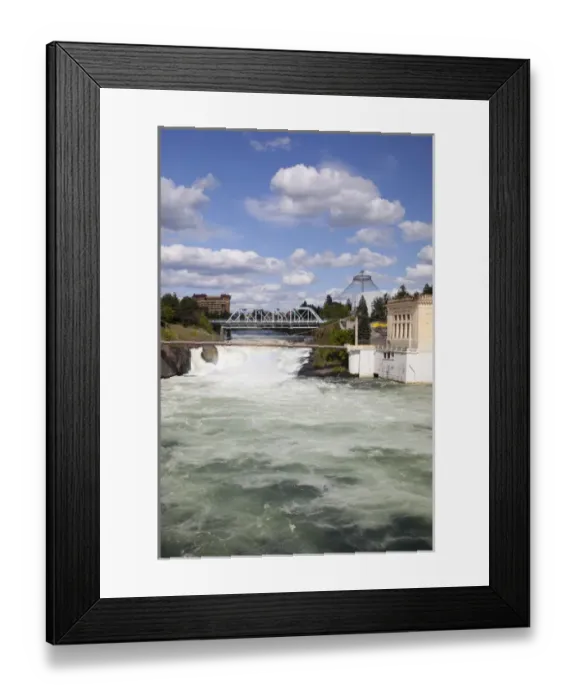 Framed Print : WA, Spokane, Riverfront Park, Spokane Falls, with bridge between Riverfront Park