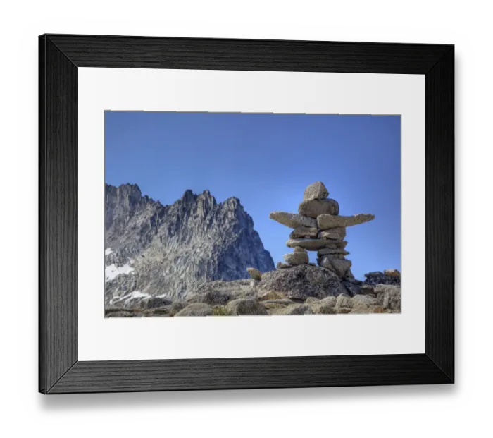 Framed Print : WA, Alpine Lakes Wilderness, Inukshuk, with Dragontail Peak