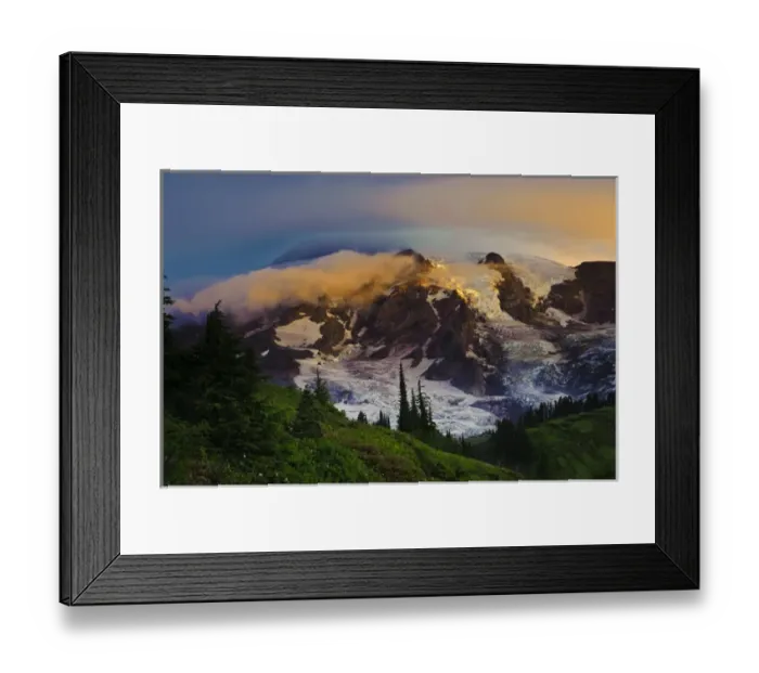 Framed Print : USA, Washington, Mt. Rainier. Morning sun blankets Mt. Rainier along the Skyline Trail Framed Print : USA, Washington, Mt. Rainier. Morning sun blankets Mt. Rainier along the Skyline Trail
