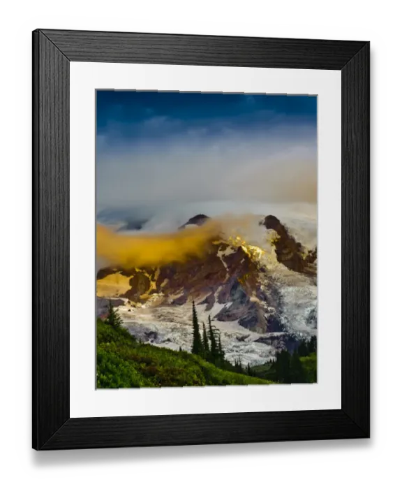 Framed Print : USA, Washington, Mt. Rainier. Morning sun blankets Mt. Rainier along the Skyline Trail Framed Print : USA, Washington, Mt. Rainier. Morning sun blankets Mt. Rainier along the Skyline Trail