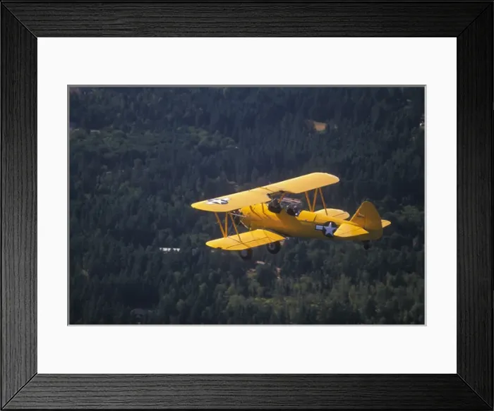 Framed Print : P. R. Yellow Biplane, 1944 Stearman PT-17, flying over Puget Sound, WA Framed Print : P. R. Yellow Biplane, 1944 Stearman PT-17, flying over Puget Sound, WA