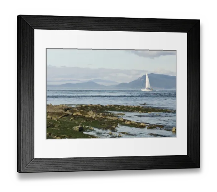 Framed Print : USA; WA; San Juan Islands; Sail boat underway in President Channel, Canada beyond Framed Print : USA; WA; San Juan Islands; Sail boat underway in President Channel, Canada beyond