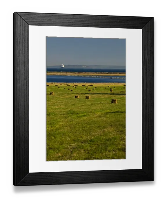 Framed Print : USA, WA, Whidbey Island. Straw bales, Crockett Lake, Admiralty Inlet with passenger Framed Print : USA, WA, Whidbey Island. Straw bales, Crockett Lake, Admiralty Inlet with passenger