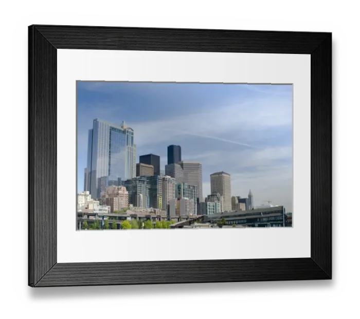 Framed Print : Seattle Skyline from the waterfront with Seattle Aquarium at bottom