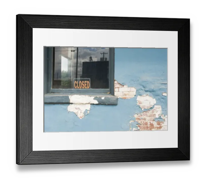 Framed Print : USA, Washington State, Odessa. Closed sign in window of empty commercial building Framed Print : USA, Washington State, Odessa. Closed sign in window of empty commercial building