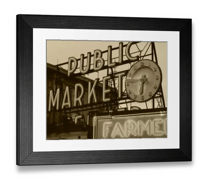 Framed Print : USA, Washington State, Seattle, View of public market neon sign and pike street market Framed Print : USA, Washington State, Seattle, View of public market neon sign and pike street market