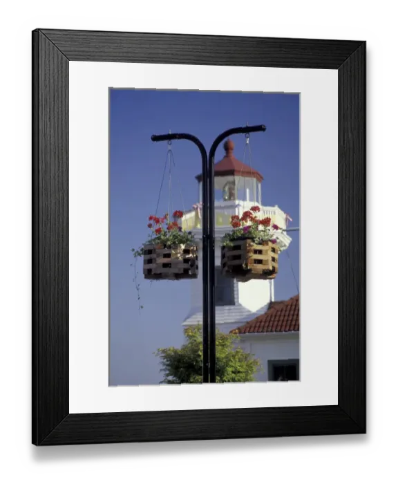 Framed Print : NA, USA, Washington, Mukilteo Hanging flower baskets and the Mukilteo Lighthouse Framed Print : NA, USA, Washington, Mukilteo Hanging flower baskets and the Mukilteo Lighthouse