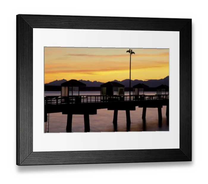 Framed Print : USA, Washington State, Seattle, Myrtle Edwards Park. Fishing Pier at sunset