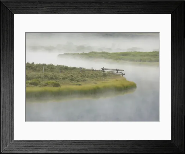 Framed Print : USA, Wyoming, Green River. Morning fog settles on grassy land and curving river. Credit as
