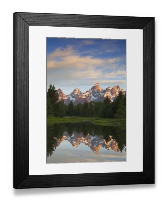 Framed Print : Teton Mountain reflect in backwater of Snake River at Scwabacher Landing in Grand
