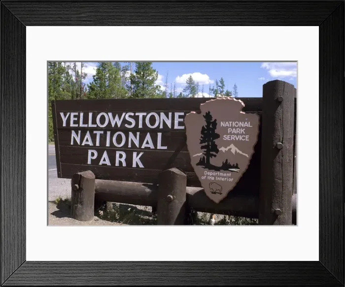 Framed Print : A sign at west entrance to Yellowstone National Park, Wyoming