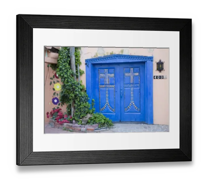 Framed Print : NM, New Mexico, Albuquerque, Historic Old Town, dramatic blue doors