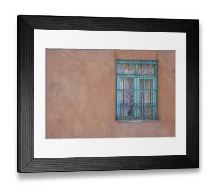 Framed Print : NM, New Mexico, Santa Fe, turquoise colored window Framed Print : NM, New Mexico, Santa Fe, turquoise colored window