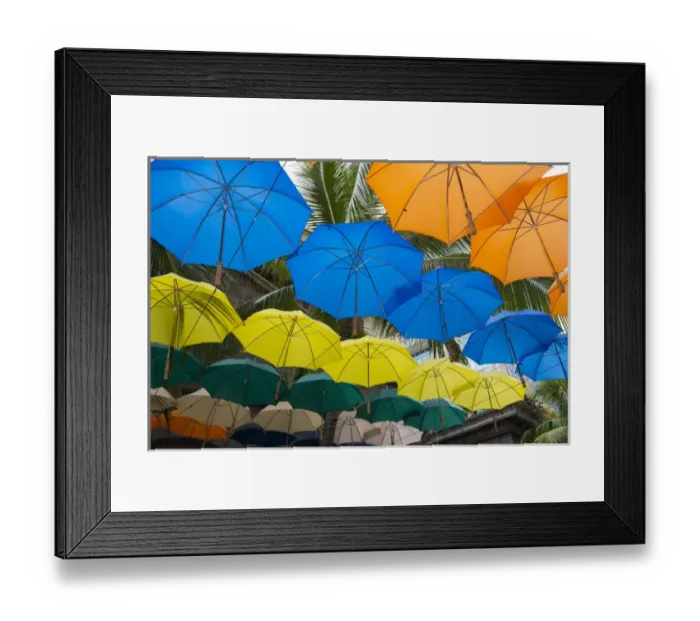 Framed Print : Mauritius, Port Louis, Caudan waterfront area with colorful umbrella covering